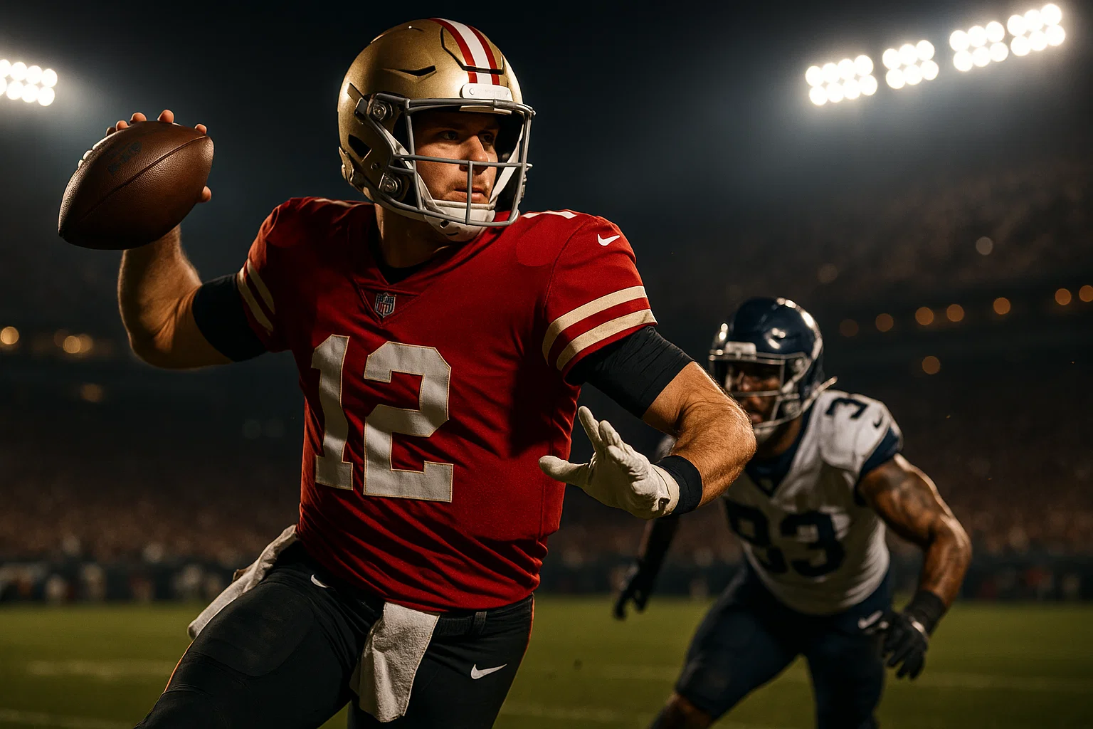 An American football player in action, representing the quality of Ujersey Shop products